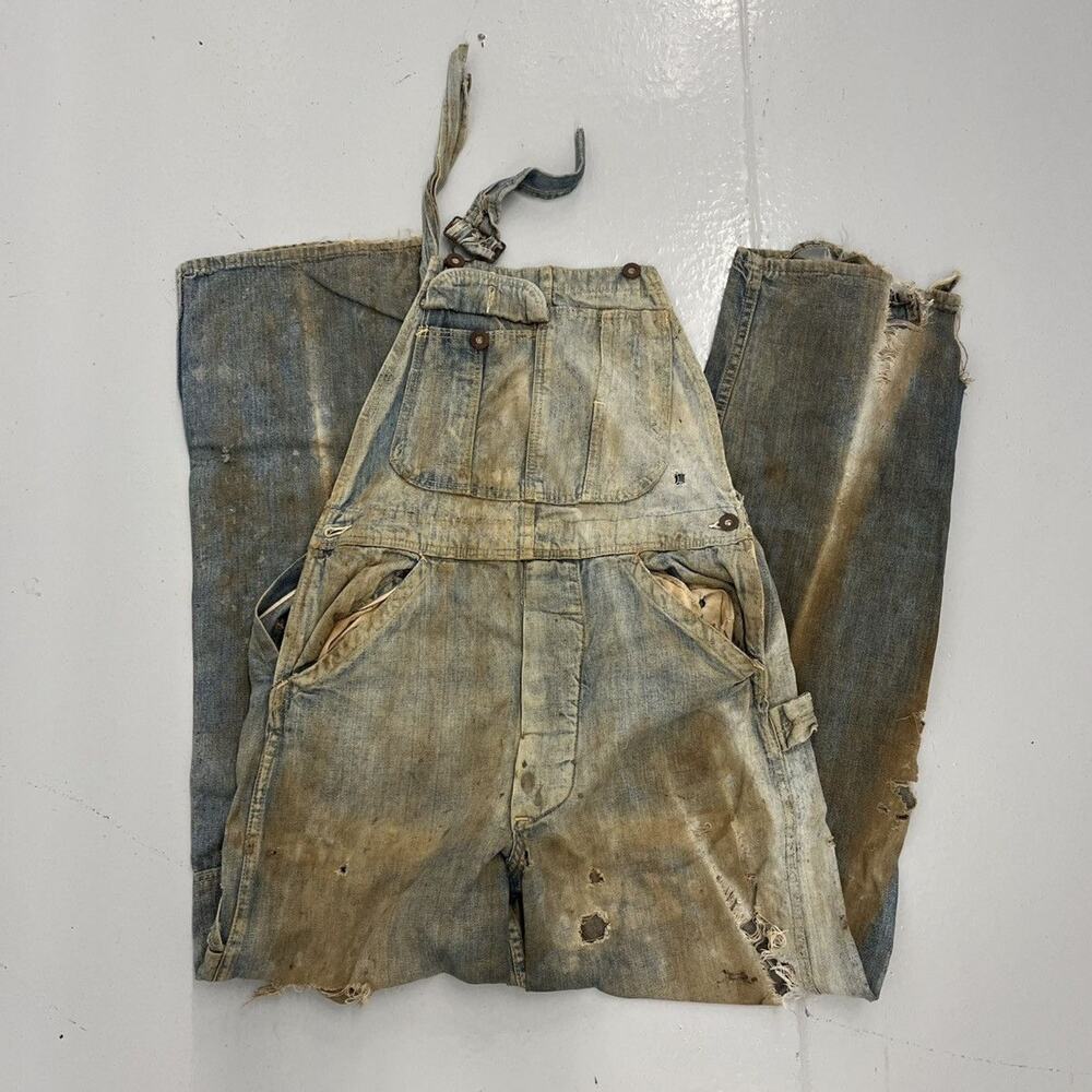 Vintage 40s WW2 Blue Zinc Distressed Denim Overalls 30x31